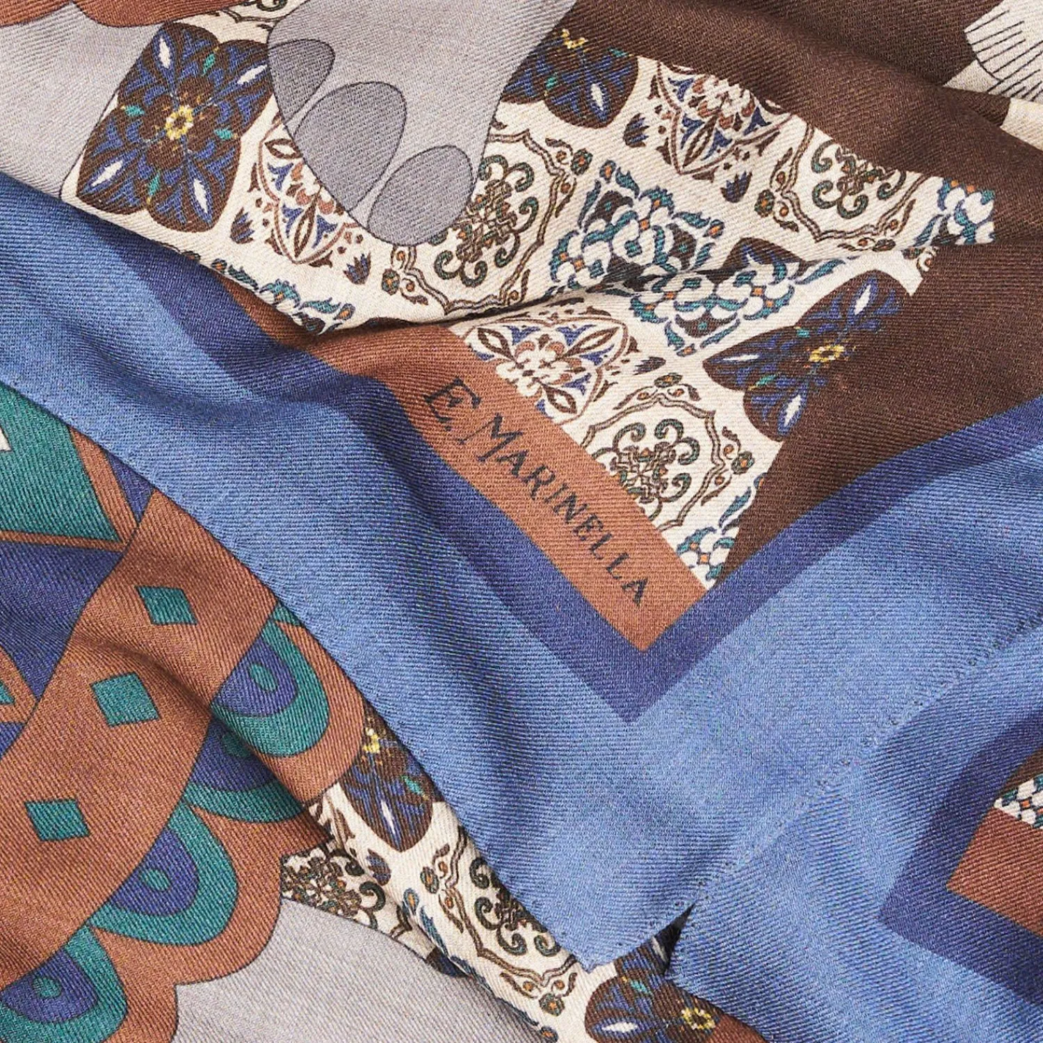 Bluette And Dark Brown Wide Wool Scarf - Ethnic Pattern>E.Marinella Flash Sale