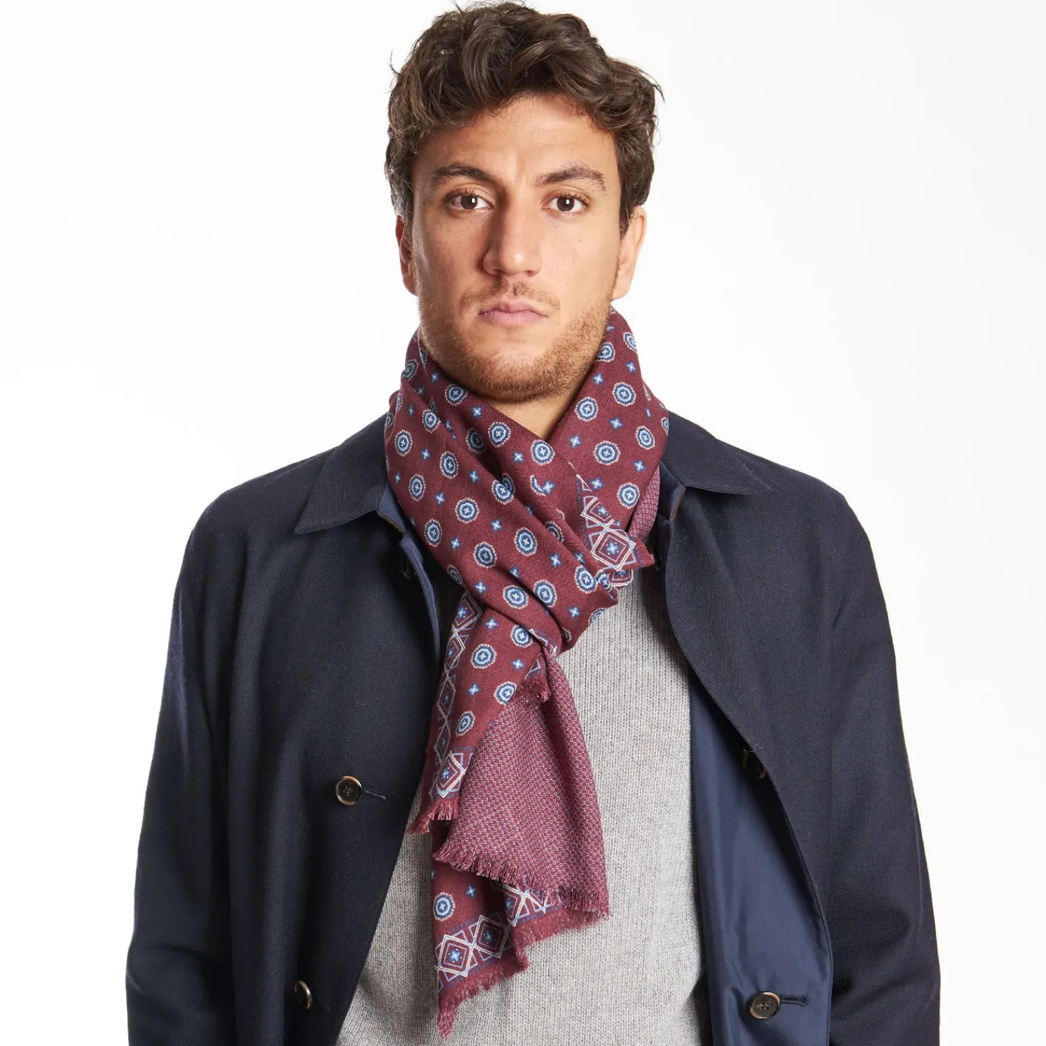 Burgundy Double Patterned Wool And Silk Scarf>E.Marinella Hot