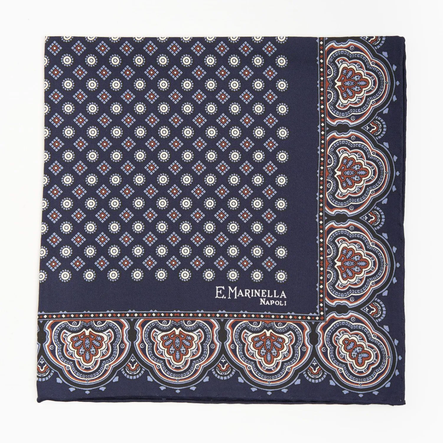 Dark Blue Hand-Printed Silk Pocket Square Large Flower Pattern>E.Marinella Flash Sale