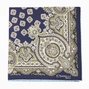 Dark Blue Hand-Printed Silk Pocket Square Large Flower Pattern>E.Marinella Store