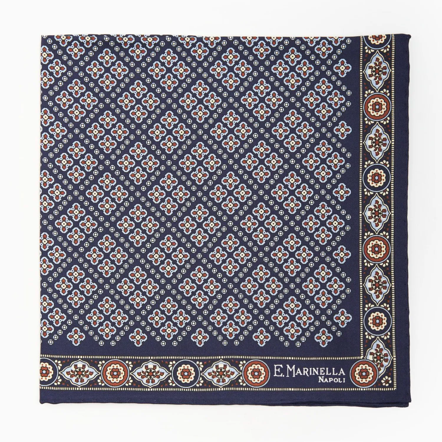 Dark Blue Hand-Printed Silk Pocket Square Large Flower Pattern>E.Marinella Flash Sale