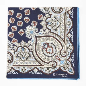 Dark Blue Hand-Printed Silk Pocket Square Large Flower Pattern>E.Marinella Best