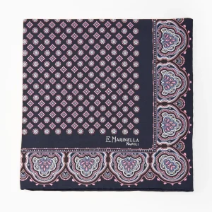 Dark Blue Hand-Printed Silk Pocket Square Large Flower Pattern>E.Marinella Shop