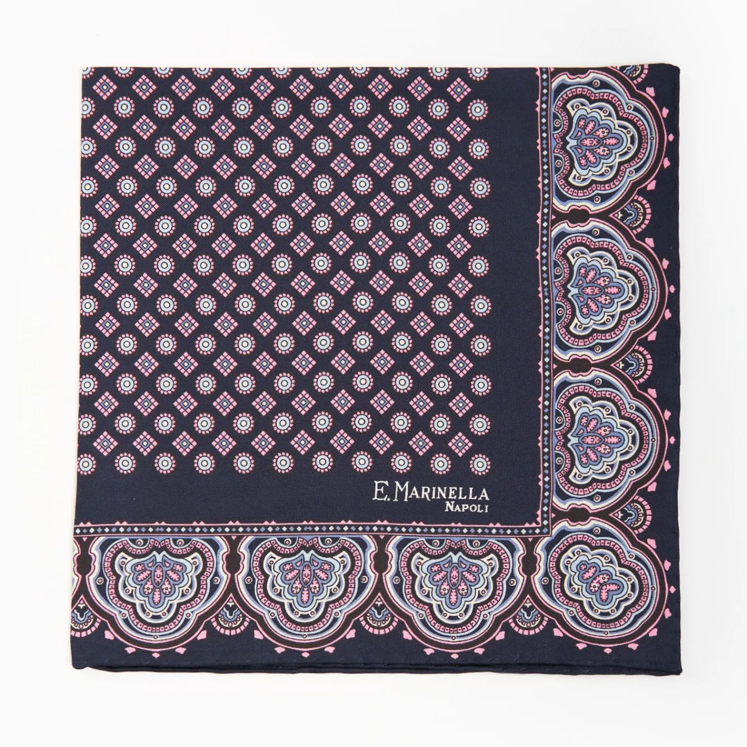 Dark Blue Hand-Printed Silk Pocket Square Large Flower Pattern>E.Marinella Shop