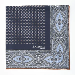 Dark Blue Hand-Printed Silk Pocket Square Small Flower Pattern>E.Marinella Fashion