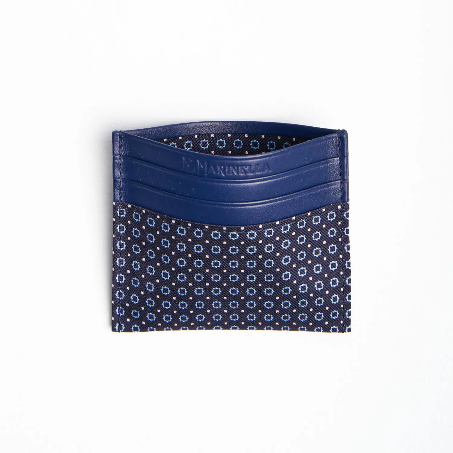 Dark Blue Leather And Silk Credit Card Holder - 5 Compartments>E.Marinella Store