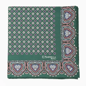 Dark Green Hand-Printed Silk Pocket Square Small Flower Pattern>E.Marinella Outlet