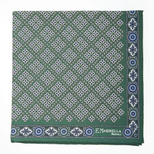 Dark Green Hand-Printed Silk Pocket Square Large Flower Pattern>E.Marinella Store