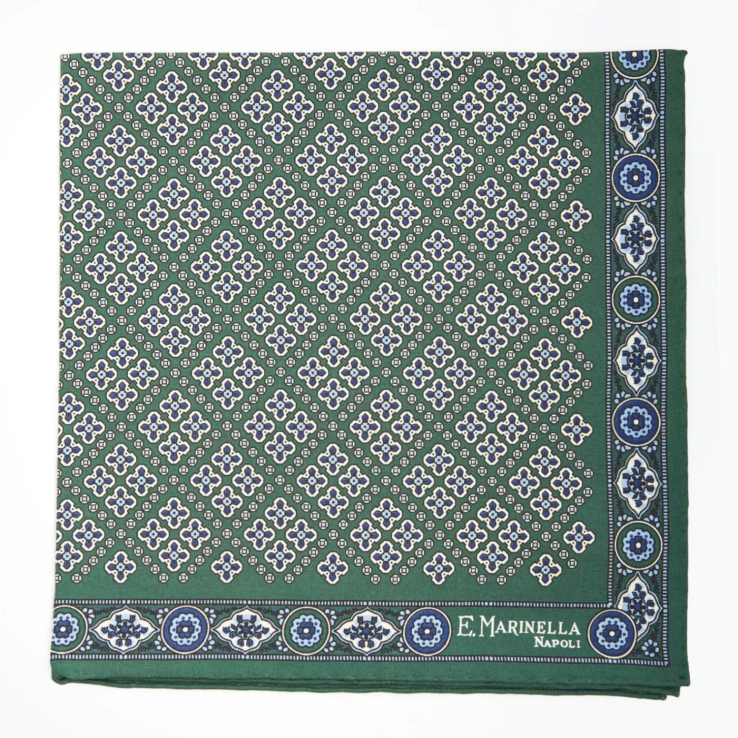 Dark Green Hand-Printed Silk Pocket Square Large Flower Pattern>E.Marinella Store