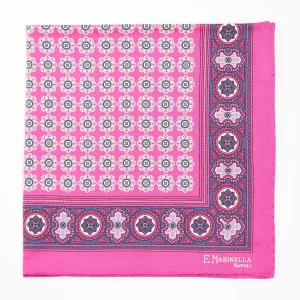 Fuchsia Hand-Printed Silk Pocket Square Large Flower Pattern>E.Marinella Fashion