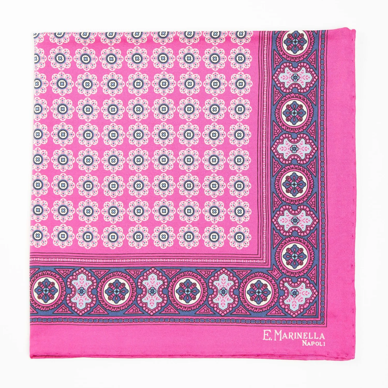 Fuchsia Hand-Printed Silk Pocket Square Large Flower Pattern>E.Marinella Fashion