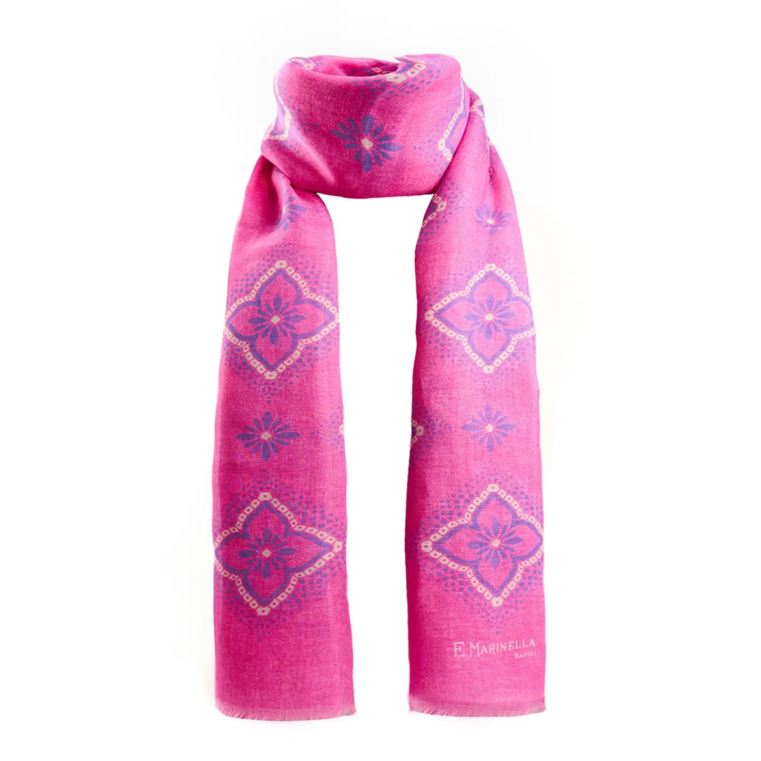 Fucsia Cotton And Linen Scarf - Blue Macro Flowers>E.Marinella Store