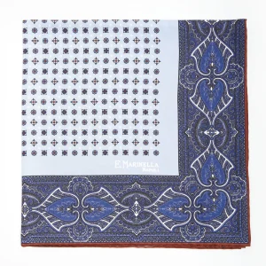 Light Blue Hand-Printed Silk Pocket Square Small Flower Pattern>E.Marinella Online