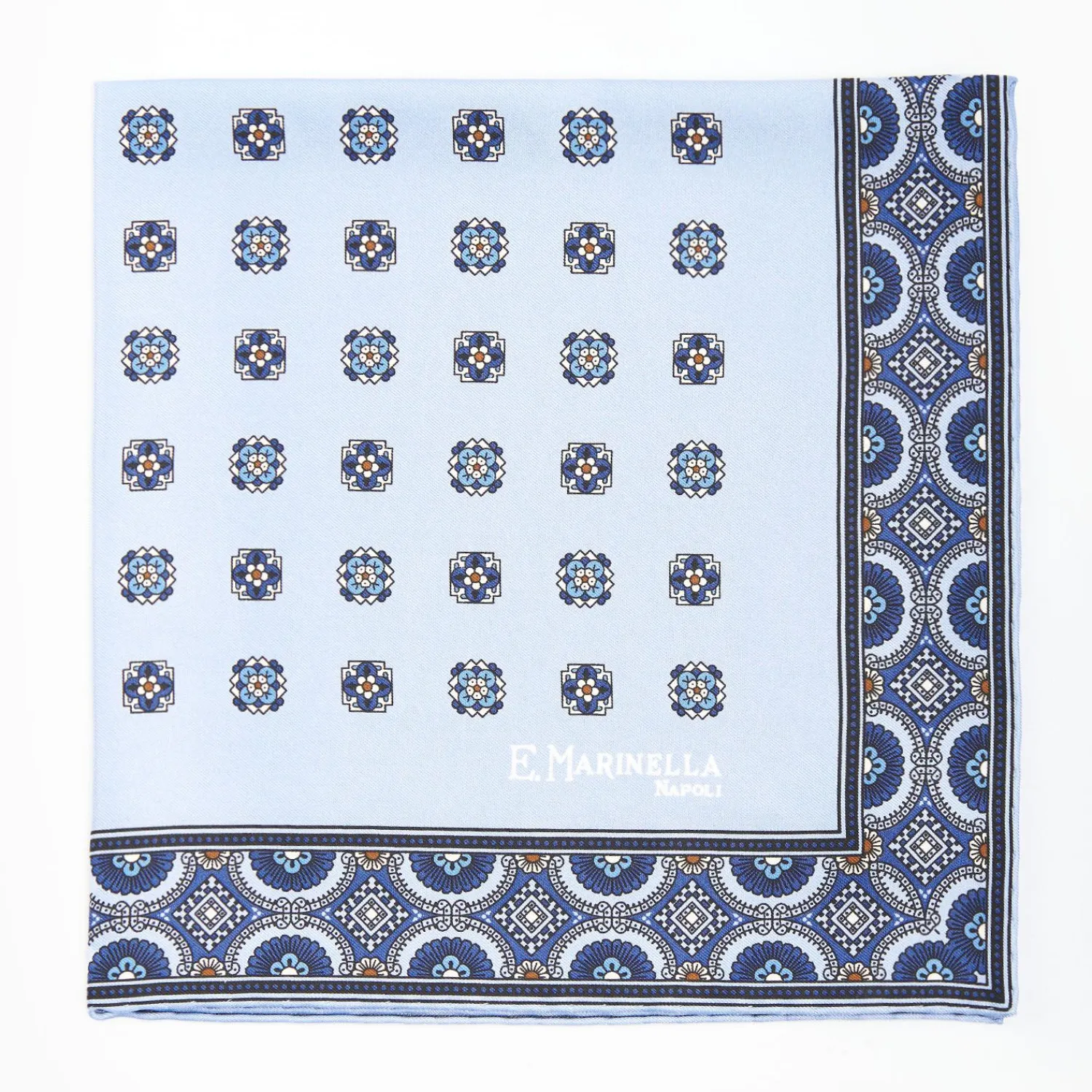 Light Blue Hand-Printed Silk Pocket Square Large Flower Pattern>E.Marinella Fashion