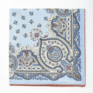 Light Blue Hand-Printed Silk Pocket Square - Large Flower Pattern>E.Marinella Sale