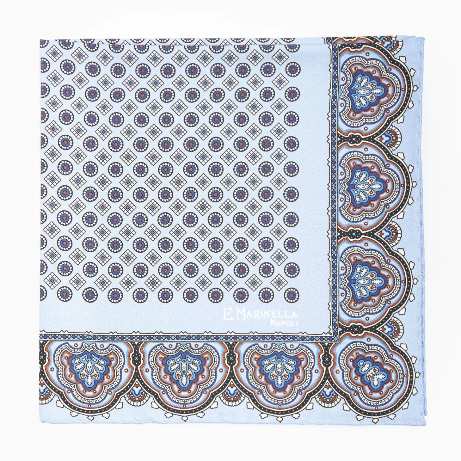 Light Blue Hand-Printed Silk Pocket Square Small Flower Pattern>E.Marinella Hot