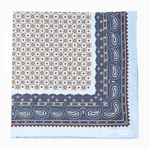 Light Blue Hand-Printed Silk Pocket Square Small Flower Pattern>E.Marinella Shop