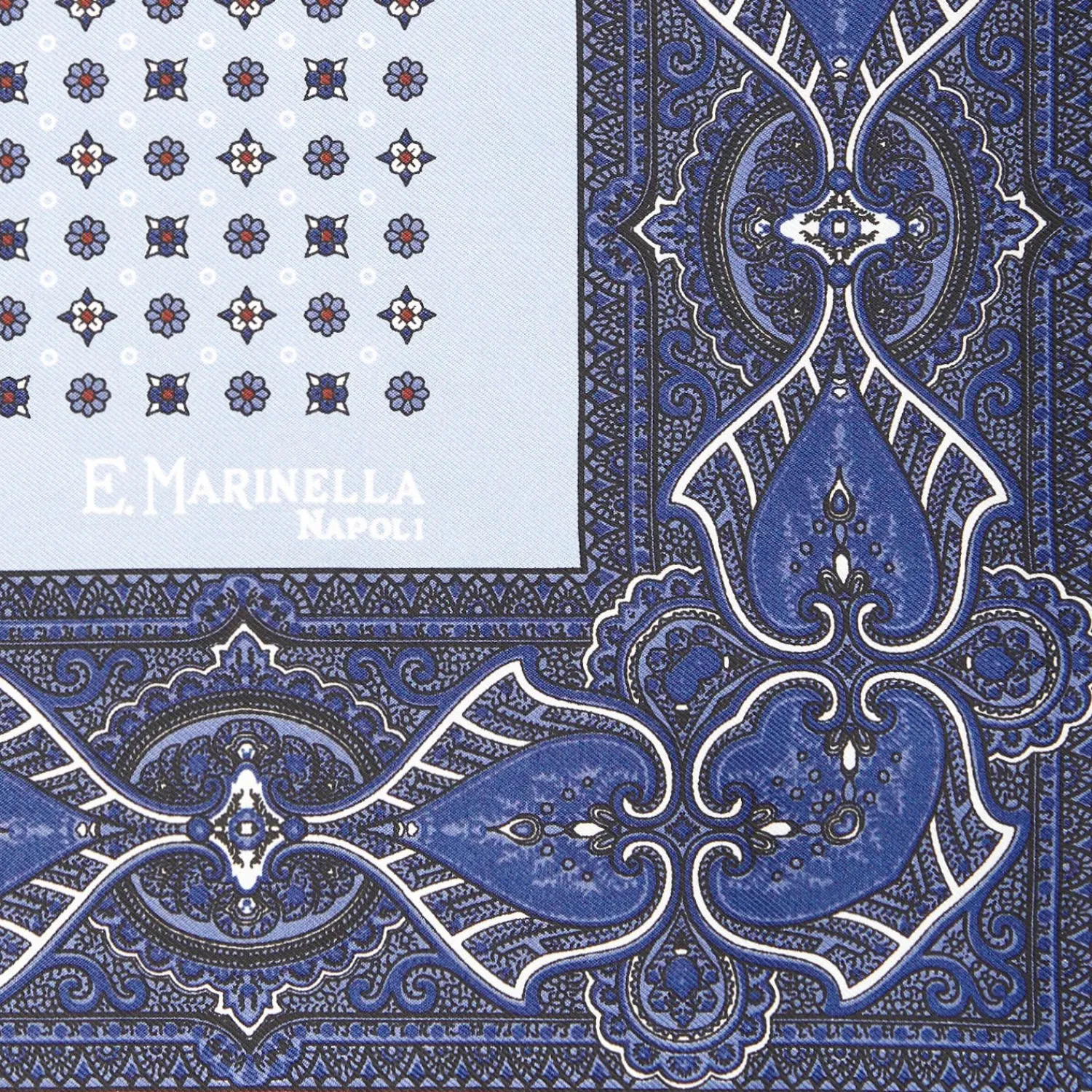 Light Blue Hand-Printed Silk Pocket Square Small Flower Pattern>E.Marinella Online