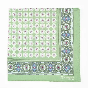 Light Green Hand-Printed Silk Pocket Square Large Flower Pattern>E.Marinella New