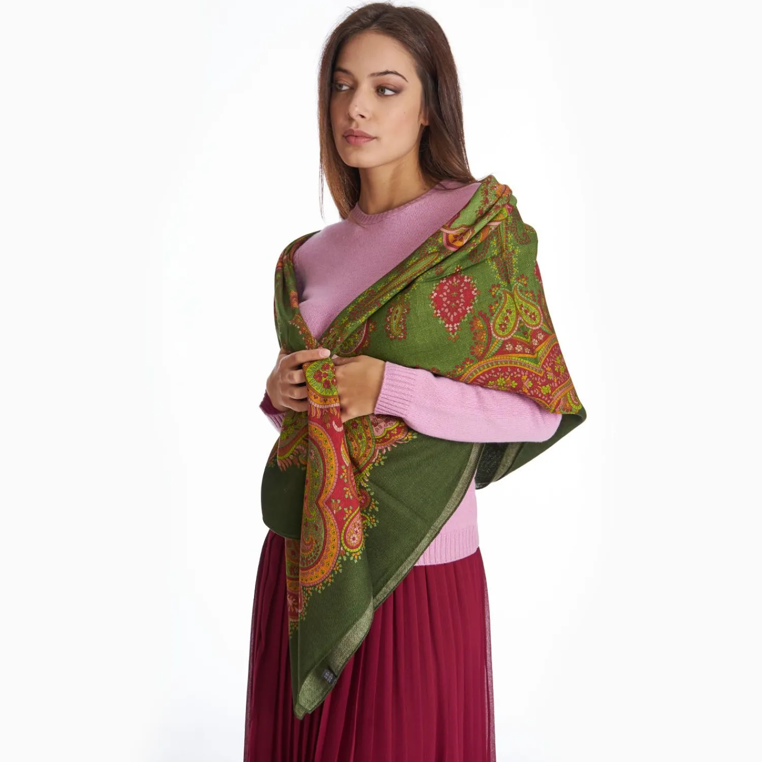 Light Green Wool Stole With Floral And Paisley Patterns>E.Marinella Online