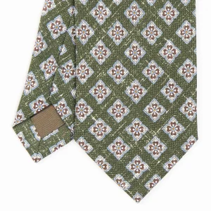 Olive Green Sartorial Cotton And Silk Tie - Large Flower Pattern>E.Marinella Store
