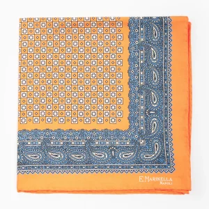 Orange Hand-Printed Silk Pocket Square Large Flower Pattern>E.Marinella Best Sale