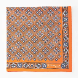 Orange Hand-Printed Silk Pocket Square Large Flower Pattern>E.Marinella Online