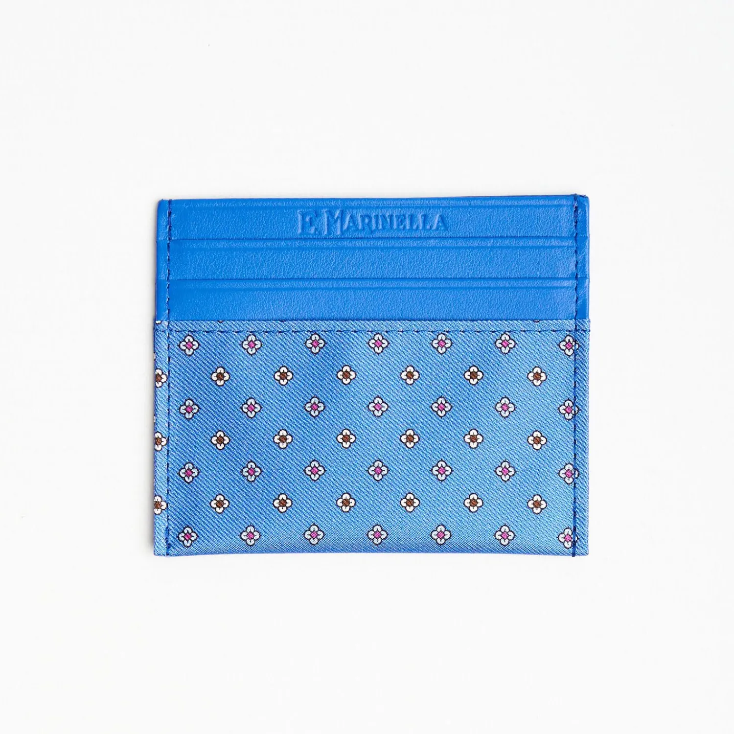 Powder Blue Leather And Silk Credit Card Holder - 5 Compartments>E.Marinella Flash Sale