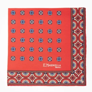 Red Hand-Printed Silk Pocket Square Large Flower Pattern>E.Marinella Sale