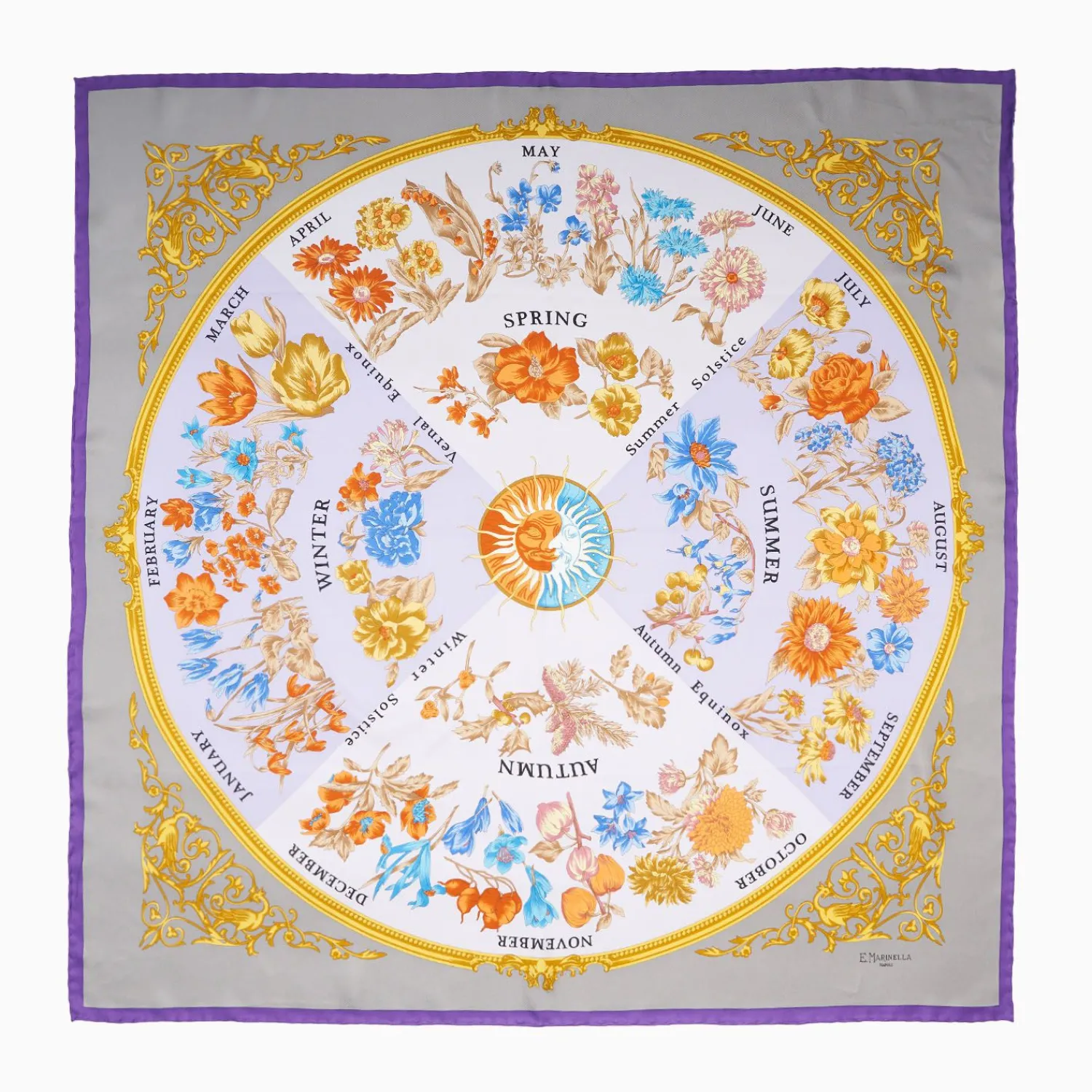 Violet And Taupe Silk Scarf 90 - The Wheel Of Seasons>E.Marinella Store