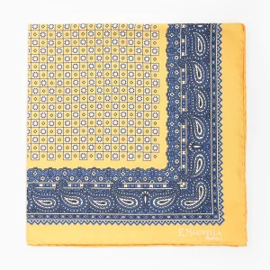 Yellow Hand-Printed Silk Pocket Square Large Flower Pattern>E.Marinella Online
